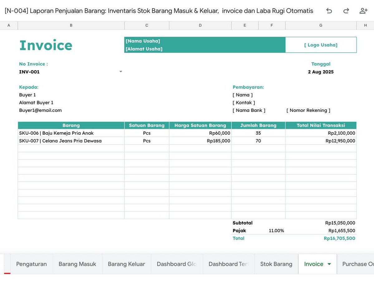 Daily_Supports's tweet image. Aku bikin Template Google Sheets “Laporan Penjualan Barang: Inventaris, Invoice, dan Laba Rugi Otomatis”
Sistem pembukuan yang lengkap dari stok masuk, penjualan, hingga laporan laba rugi otomatis.
Semua serba otomatis, cukup input data satu kali, laporan langsung terbentuk.