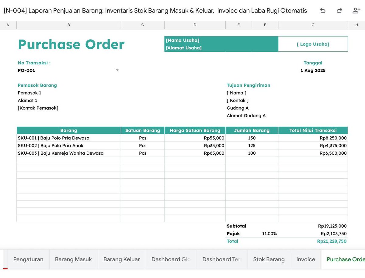 Daily_Supports's tweet image. Aku bikin Template Google Sheets “Laporan Penjualan Barang: Inventaris, Invoice, dan Laba Rugi Otomatis”
Sistem pembukuan yang lengkap dari stok masuk, penjualan, hingga laporan laba rugi otomatis.
Semua serba otomatis, cukup input data satu kali, laporan langsung terbentuk.