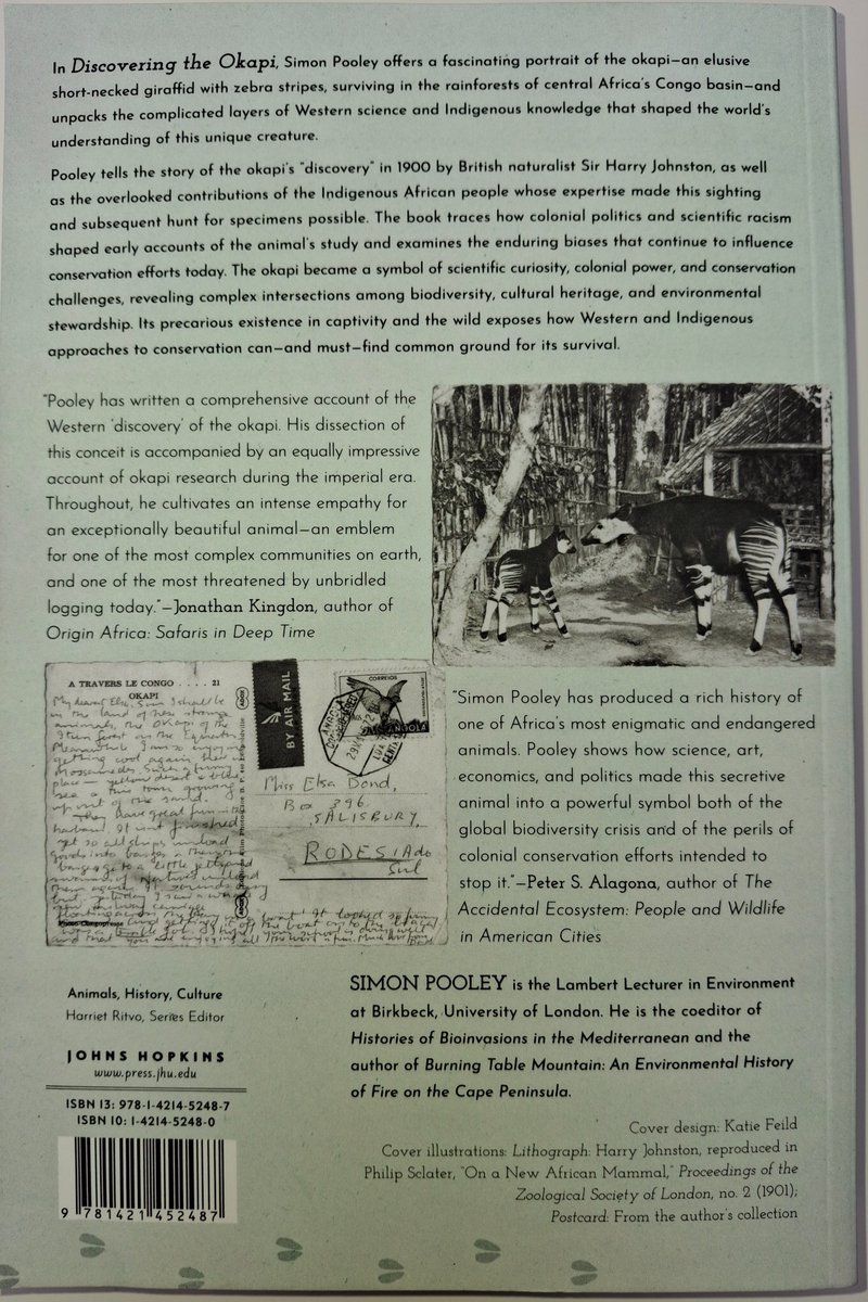 Advance copies of Discovering the Okapi have arrived, meaning I've finally seen the back cover of my JHUP book, with the postcard my gradfather sent my mom when she was 10 years old. Very pleased with what JHUP have produced!