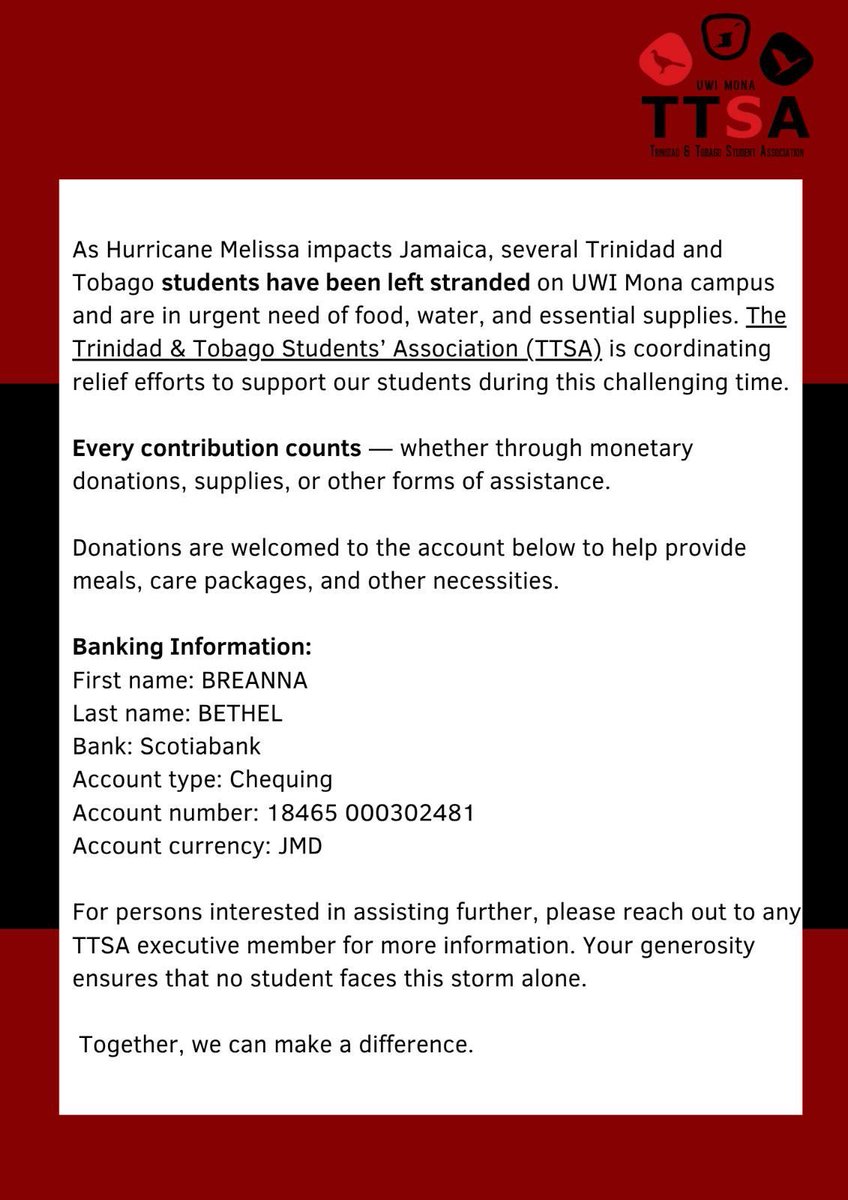 STUDENTS FROM TRINIDAD AND TOBAGO STUCK IN JAMAICA IS SEEKING ASSISTANCE

Please help if you could 🙏🏽