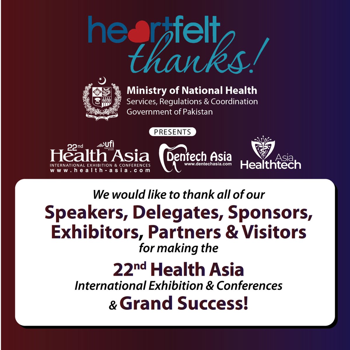 healthasiapk's tweet image. The 𝟐𝟐𝐧𝐝 𝐇𝐞𝐚𝐥𝐭𝐡 𝐀𝐬𝐢𝐚 𝐈𝐧𝐭𝐞𝐫𝐧𝐚𝐭𝐢𝐨𝐧𝐚𝐥 𝐄𝐱𝐡𝐢𝐛𝐢𝐭𝐢𝐨𝐧 &amp;amp; 𝐂𝐨𝐧𝐟𝐞𝐫𝐞𝐧𝐜𝐞𝐬 has concluded with great success! 🎉

#HealthAsia #DentechAsia #HealthTechAsia #Exhibition #Healthcare #MedicalInnovation #PublicHealth
@nhsrcpk