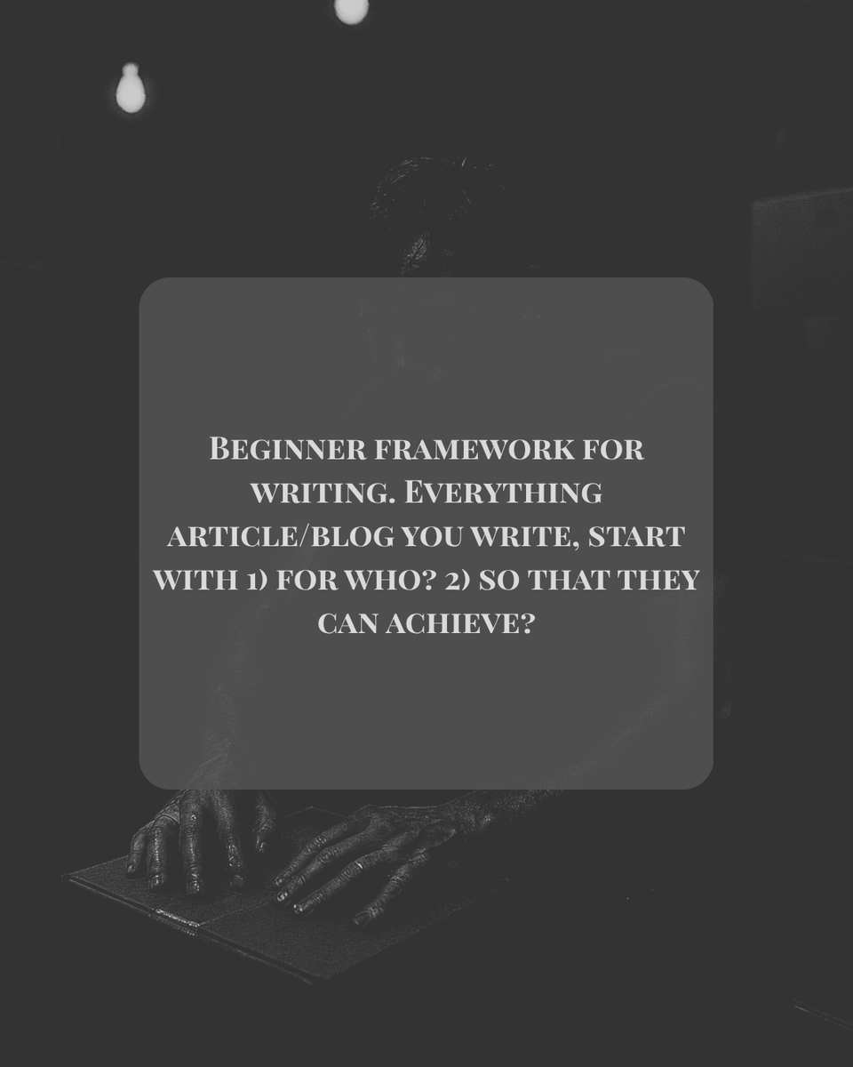 KodokuVision's tweet image. Beginner framework for writing. Everything article/blog you write, start with 1) for who? 2) so that they can achieve?

.
.
.
.
.
.
.
.
.

#Motivation
#SelfDevelopment
#PersonalGrowth
#Inspiration
#Mindset
#Success
#PositiveThinking
#GrowthMindset
#LifeLessons
#SelfImprovement