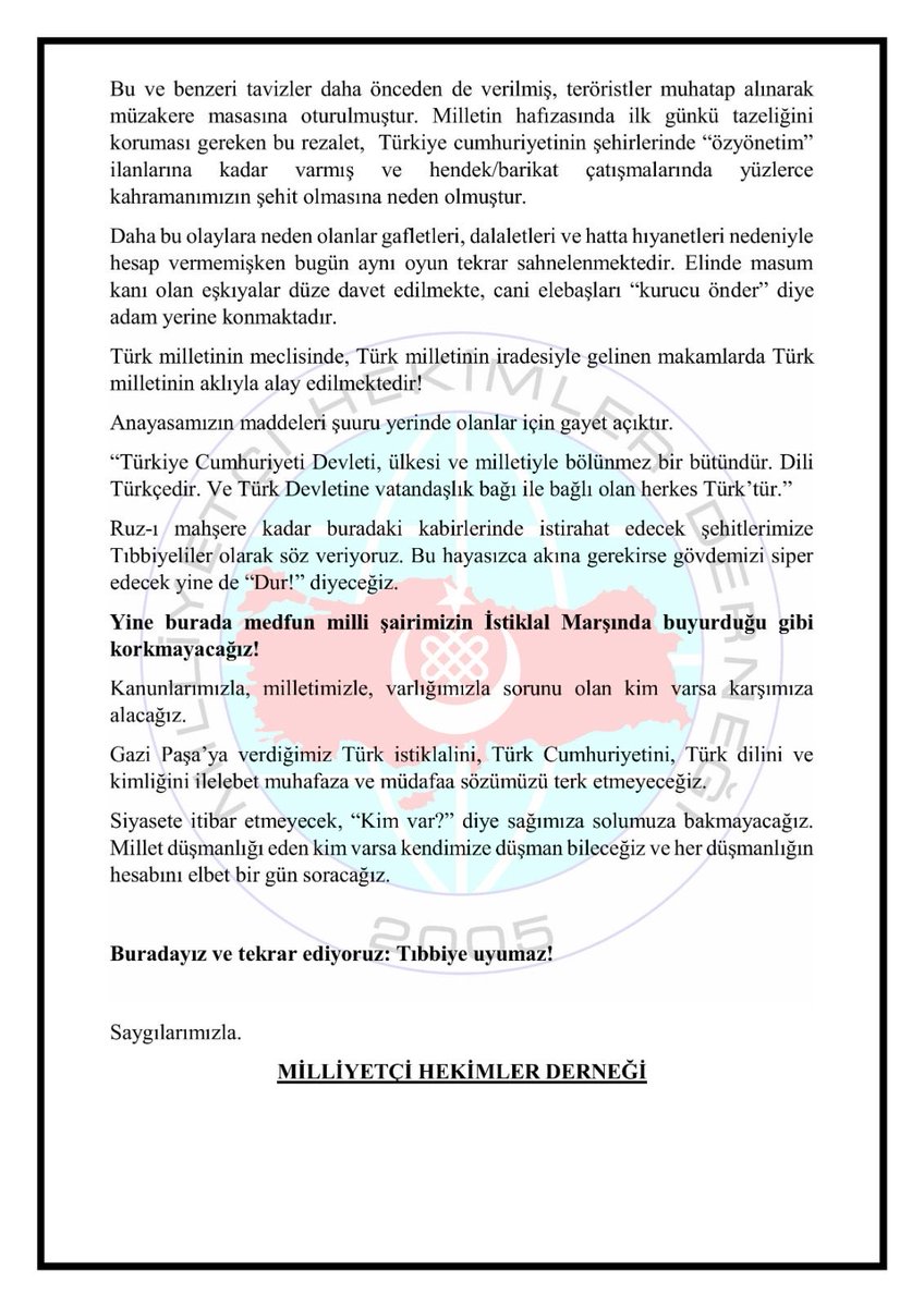 26.10.2025 tarihinde Şüheda huzurunda yaptığımız açıklamamızdır. 

Buradayız ve tekrar ediyoruz: 
TIBBİYE UYUMAZ! 

Saygıdeğer kamuoyu ve şerefli Türk Milletine saygılarımızla.