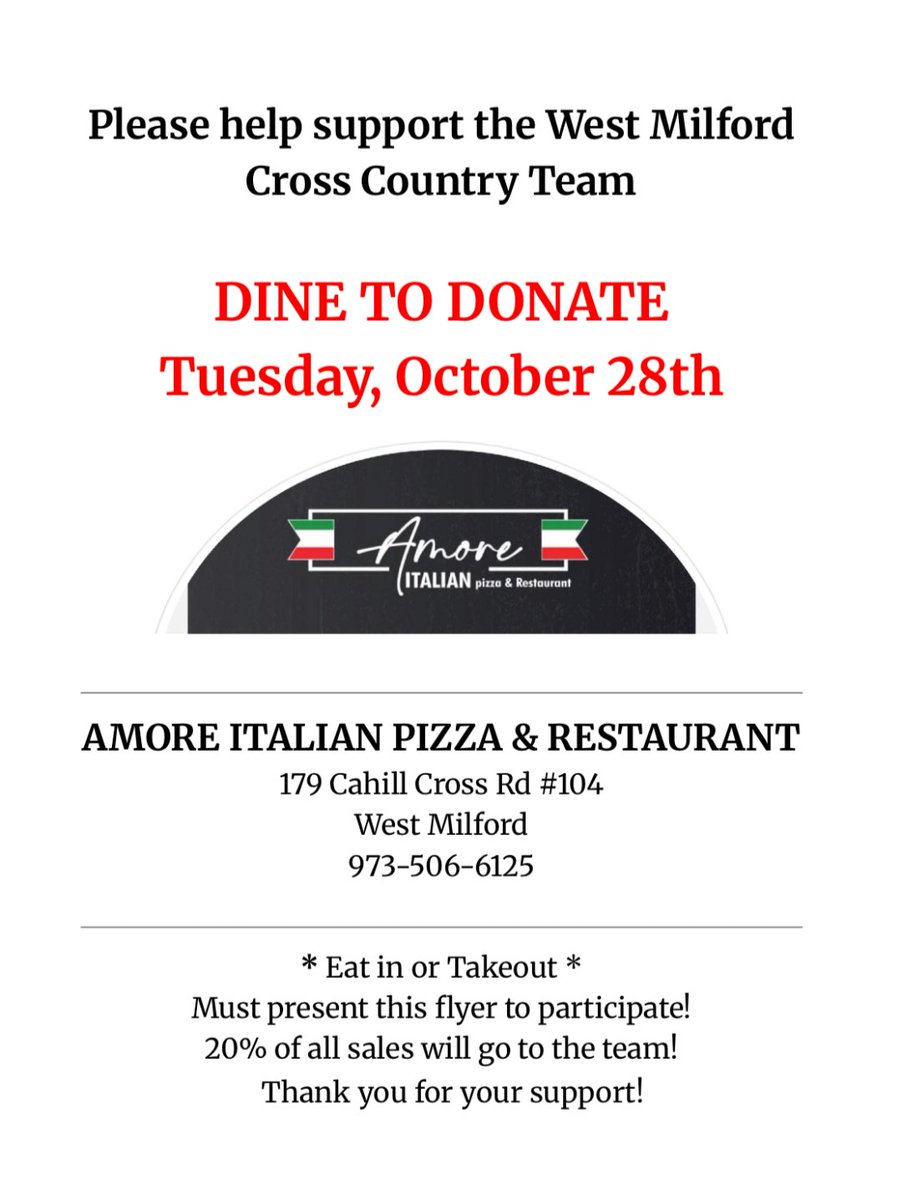 Don't feel like cooking?  Please help support the West Milford XC Team at the same time by going to Amore Pizzeria with this flyer on Tuesday, Oct. 28th.  Thank you in advance! <a href="/wmhometownpride/">WM Hometown Pride</a>
