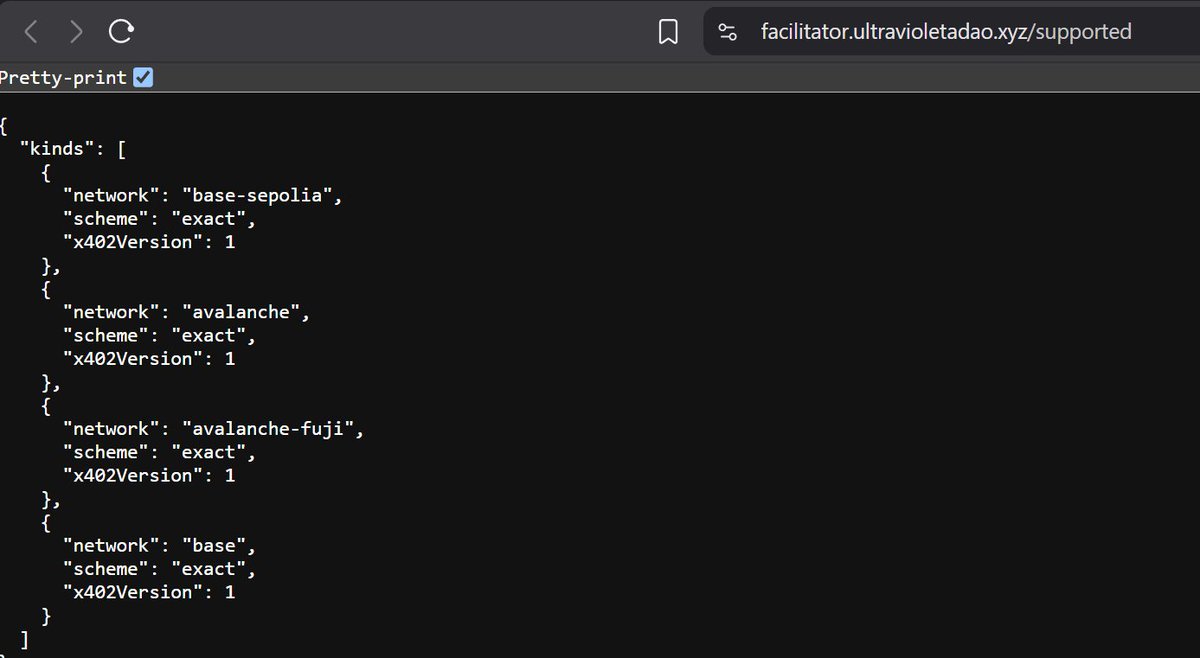 0xultravioleta's tweet image. @UltravioletaDAO now supporting base and avalanche mainnets and testnets

facilitator.ultravioletadao.xyz/supported