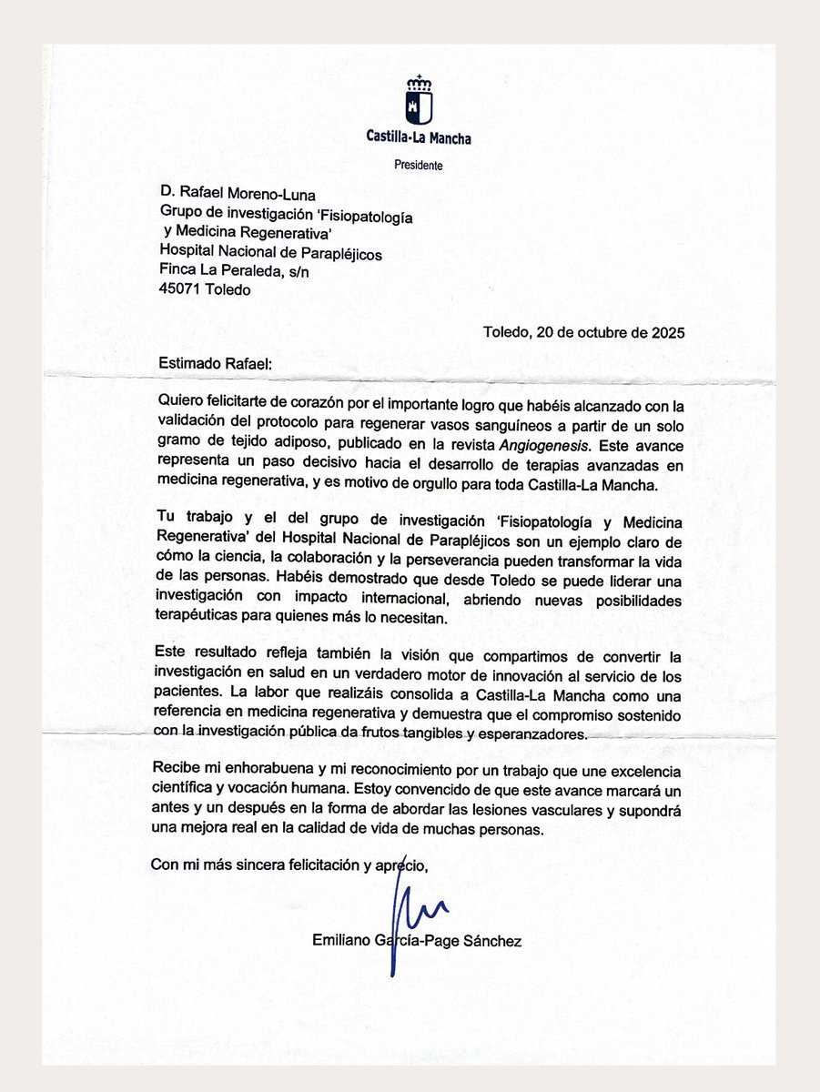 Queremos agradecer a <a href="/garciapage/">Emiliano García-Page</a> por sus palabras y por el apoyo institucional a nuestro trabajo en medicina regenerativa desde el @hnparaplejicos. <a href="/idiscam/">IDISCAM</a> 
Este avance refleja lo que podemos lograr si ciencia, sanidad e instituciones avanzan unidas hacia un mismo objetivo.