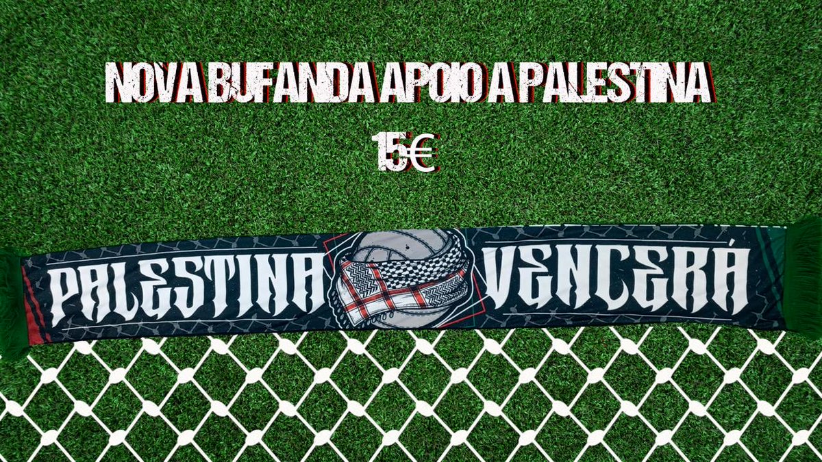 Hoxe no lugar habitual das previas teremos á venda a bufanda PALESTINA VENCERÁ por 15€.
Lembrade que esta bufanda forma parte dunha acción solidaria a prol da causa palestina, polo que agradecemos a vosa colaboración.
Dende Riazor a Gaza, Palestina Vencerá!