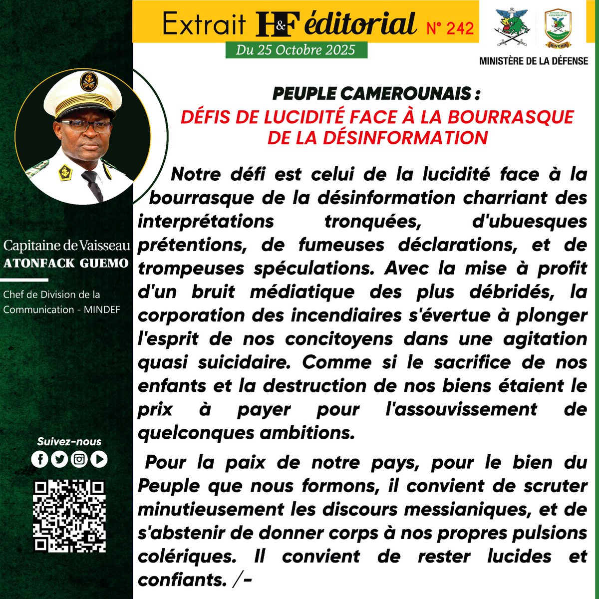 EDITORIAL H&amp;F DU SAMEDI 25 OCTOBRE 2025
𝐏𝐄𝐔𝐏𝐋𝐄 𝐂𝐀𝐌𝐄𝐑𝐎𝐔𝐍𝐀𝐈𝐒 : 𝐃𝐄́𝐅𝐈𝐒 𝐃𝐄 𝐋𝐔𝐂𝐈𝐃𝐈𝐓𝐄́ 𝐅𝐀𝐂𝐄 𝐀̀ 𝐋𝐀 𝐁𝐎𝐔𝐑𝐑𝐀𝐒𝐐𝐔𝐄   𝐃𝐄 𝐋𝐀 𝐃𝐄́𝐒𝐈𝐍𝐅𝐎𝐑𝐌𝐀𝐓𝐈𝐎𝐍