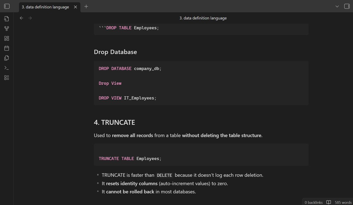 regressionrizz's tweet image. SQL (Structured Query Language):  
1.  DDL in brief and it's commands
- schema design
⤷ normalization
⤷ entity relationship
⤷ data integrity