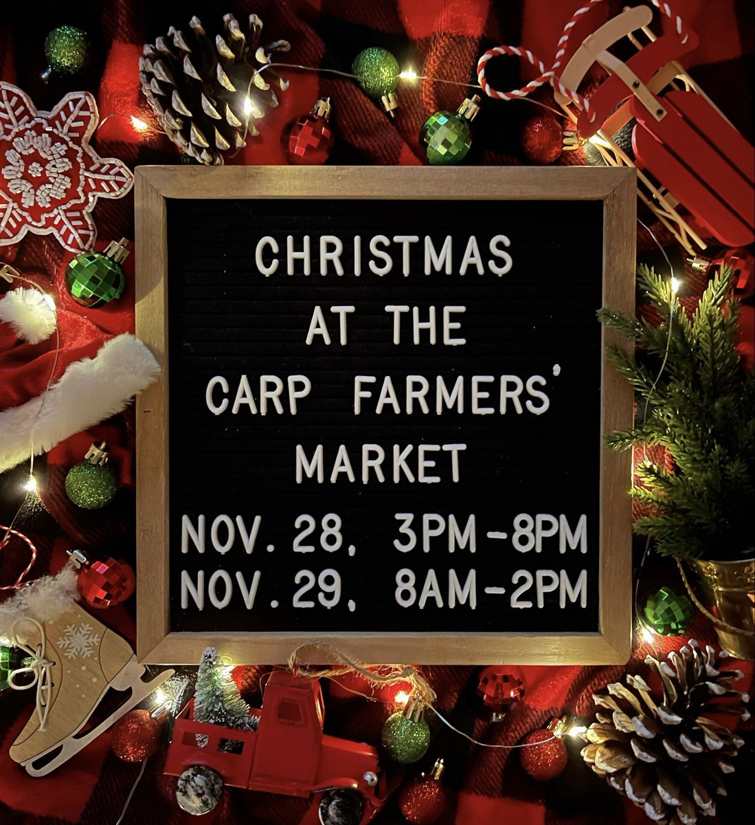 Save the Date for the Carp Farmers’ Market Christmas Market! 🎄 Join our local vendors for 2 days of local holiday shopping in the charming village of Carp 🎁

Open Friday, Nov. 28th from 3pm-8pm and Saturday, Nov. 29th from 8am-2pm at the Carp Fairgrounds (3790 Carp Rd)❄️