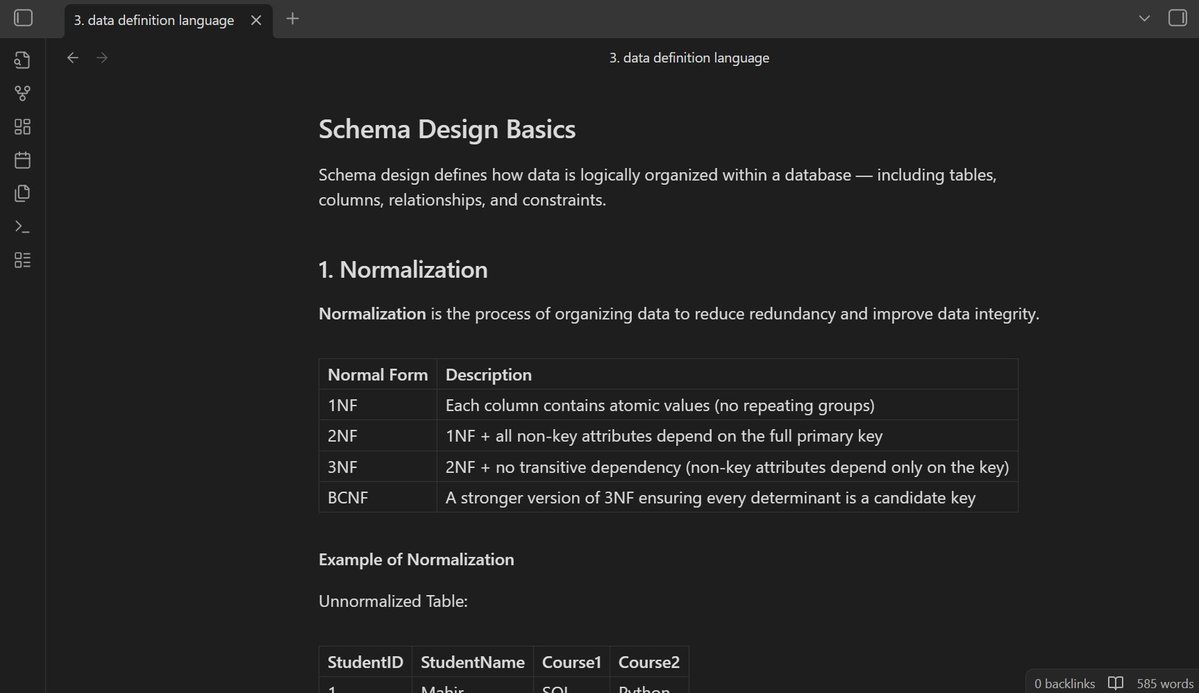 regressionrizz's tweet image. SQL (Structured Query Language):  
1.  DDL in brief and it's commands
- schema design
⤷ normalization
⤷ entity relationship
⤷ data integrity