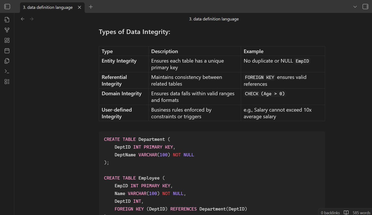 regressionrizz's tweet image. SQL (Structured Query Language):  
1.  DDL in brief and it's commands
- schema design
⤷ normalization
⤷ entity relationship
⤷ data integrity