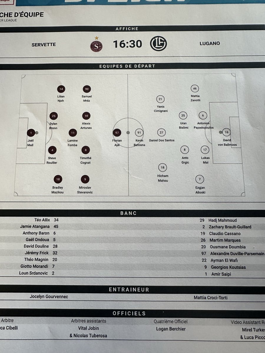 La feuille de match de <a href="/ServetteFC/">Servette FC</a> - <a href="/FCLugano1908/">FC Lugano</a> ⬇️