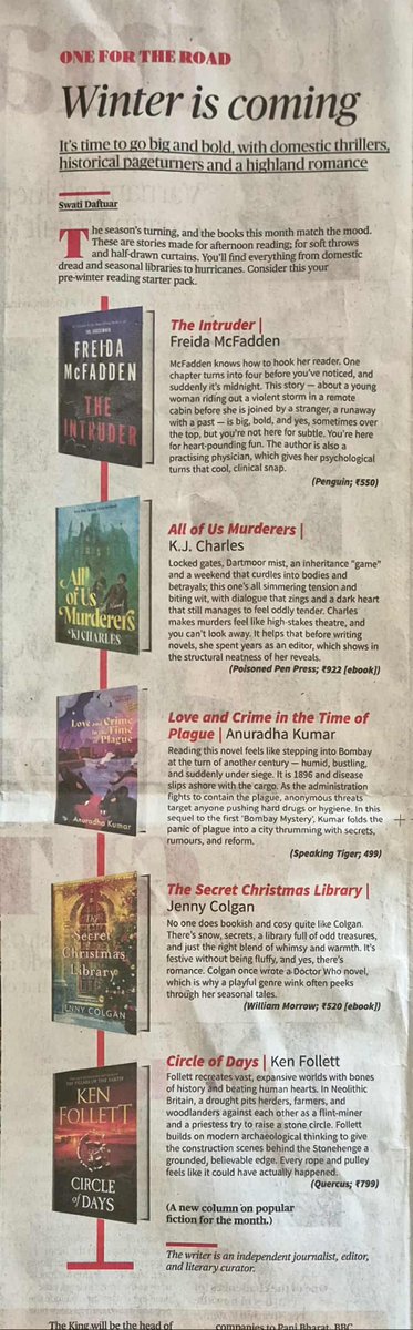 'Love and Crime in the Time of Plague' in <a href="/SwatiDaftuar/">Swati Daftuar</a>'s list of Winter Reads for  <a href="/TheHinduBooks/">TheHinduBooks</a>. <a href="/speakingtiger14/">Speaking Tiger</a>