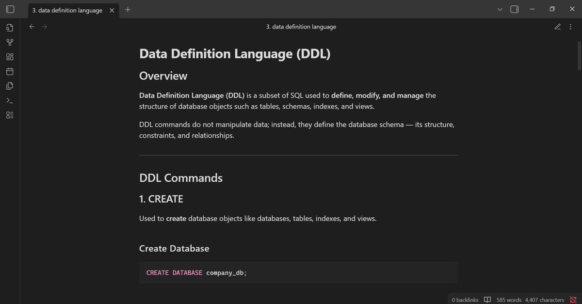 regressionrizz's tweet image. SQL (Structured Query Language):  
1.  DDL in brief and it's commands
- schema design
⤷ normalization
⤷ entity relationship
⤷ data integrity