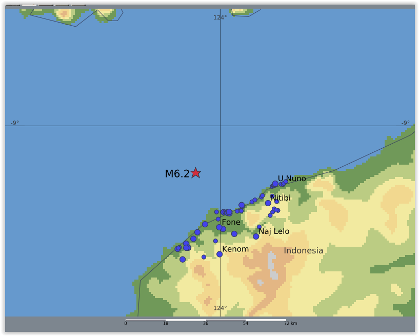 QLARM's tweet image. EARTHQUAKE M6.2. Origin Time: 2025-10-26 17:04:27 UTC, Timor, Indonesia, region (-9.19 ; 123.9), Depth: 78.0 km, (source(s): GFZ). Estimated fatalities: 0 to 0, injured: 0 to 20