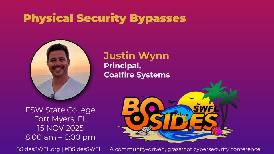 BSides_SWFL's tweet photo. 🔦 Speaker Spotlight: Justin Wynn (@redteamwynns)
🎤 Physical Security Bypasses

Go beyond lock-picking and see how red teams breach buildings using real bypass tools and techniques.

📍 Fort Myers | 🗓️ Nov 15 ‘25
🌪 https://t.co/ukzmbjX1Rx
#BSidesSWFL #PhysicalSecurity #RedTeam https://t.co/HRk6FL1GWq