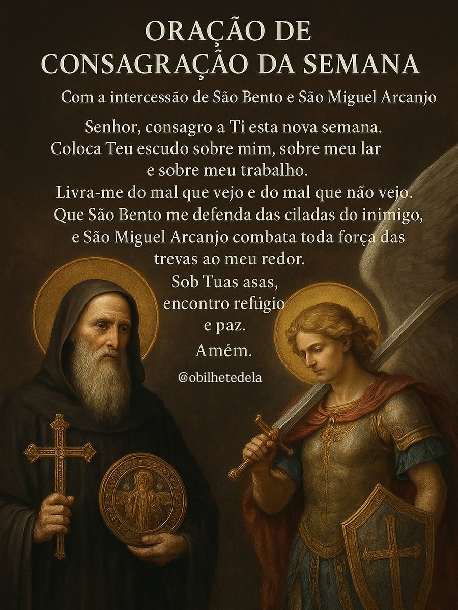 DevotosSaoBento's tweet photo. Consagre sua semana com fé e poder! Que São Bento e São Miguel Arcanjo sejam teu escudo contra todo mal — o que os olhos veem e o que o coração nem imagina.  🙌🙏❤️🕊️

Comece a semana sob a proteção do Céu e declare: 

“Nenhum mal prevalecerá sobre mim!” https://t.co/go3qFu9JRp