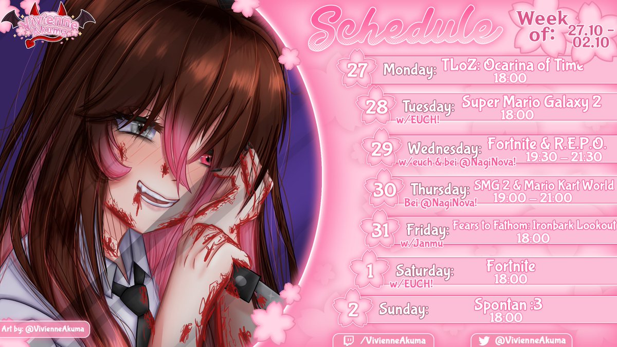 🩷 Stream Schedule🩷
🗓️: Okt 27 - Nov 02 (CET)

🌸 MO ➜ TLoZ: Ocarna of Time
🌸 DI ➜ Super Mario Galaxy 2
🌸 MI ➜ Fortnite später R.E.P.O. 
🌸 DO ➜ Super Mario Galaxy 2 später Mario Kart World
🌸 FR ➜ Fears to Fathom: Ironbark Lookout
🌸 SA ➜ Fortnite 
🌸 SO ➜ Spontan :3
