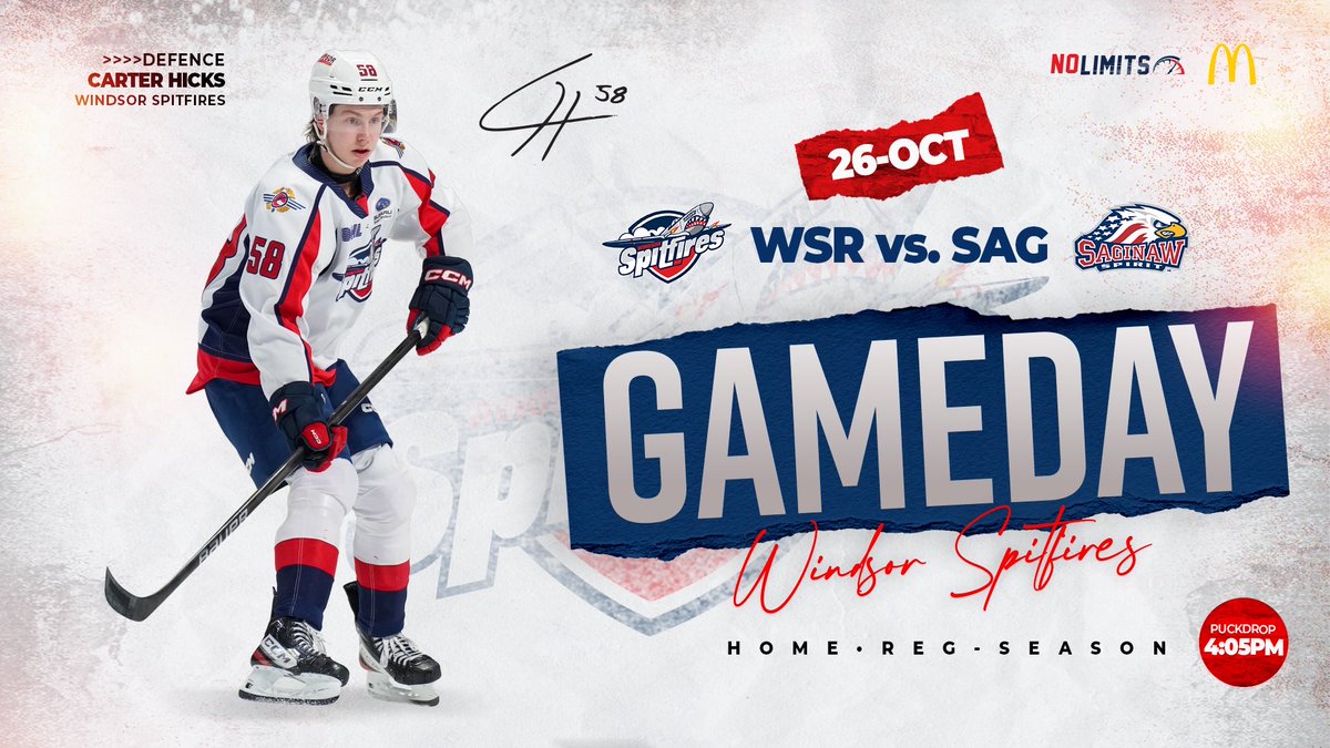 GAMEDAY!

The Spirit are in town!

🏒: 4:05p
📍: WFCU Centre
🆚: Saginaw Spirit
📺: YourTV Windsor 
💻: FloHockey
🎙️: AM800
📲: Twitter for live updates 

#WindsorSpitfires #NoLimits
<a href="/McDonaldsCanada/">McDonald's 🇨🇦</a>