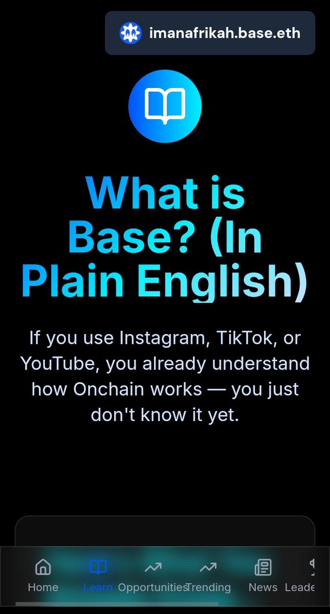 Are you new Onchain?? Or you know someone who is, kindly share this link with them 

quick-evening-795.app.ohara.ai

and let them understand in the simplest way possible as well as get rewarded for learning about <a href="/base/">Base</a> <a href="/zora/">$zora</a> <a href="/baseapp/">Base app</a> 
#CreateSA #SuperBased <a href="/DiyamaSolutions/">Diyama On Base</a> <a href="/jessepollak/">jesse.base.eth</a>