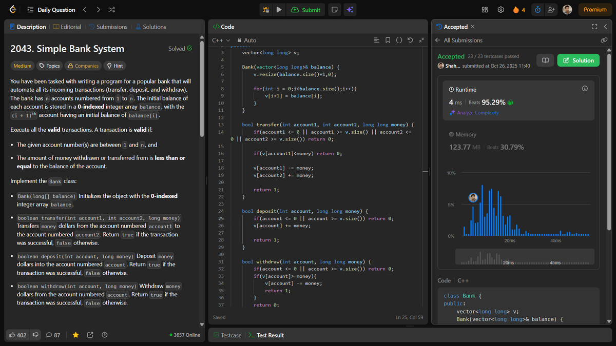 shahidx_05's tweet image. Day 225 – #365DaysOfCode 
✨ College exams start tomorrow
✅ Simple Bank System
✅ Minimum Cost of Ropes
✅ Codeforces 1993A
🏆 Leetcode weekly contest
#DSA #LeetCode #GfG #codeforces #CompetitiveProgramming #ProblemSolving #CodingJourney #BuildInPublic #LearnInPublic