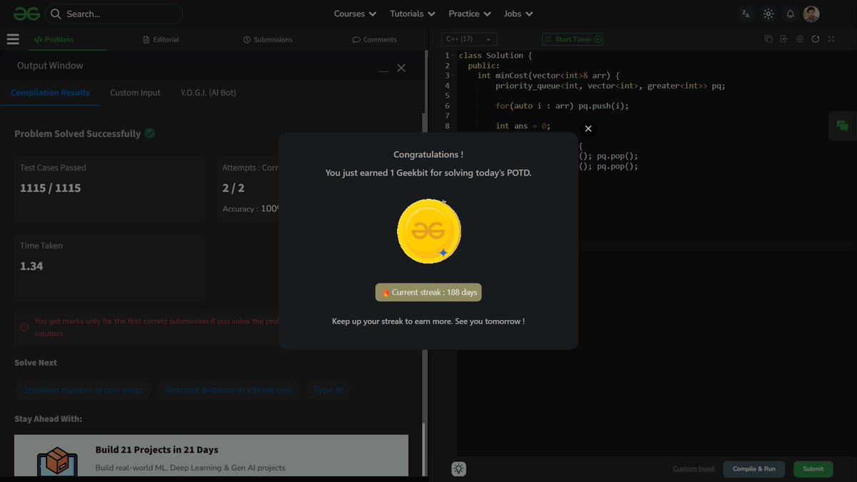 shahidx_05's tweet image. Day 225 – #365DaysOfCode 
✨ College exams start tomorrow
✅ Simple Bank System
✅ Minimum Cost of Ropes
✅ Codeforces 1993A
🏆 Leetcode weekly contest
#DSA #LeetCode #GfG #codeforces #CompetitiveProgramming #ProblemSolving #CodingJourney #BuildInPublic #LearnInPublic