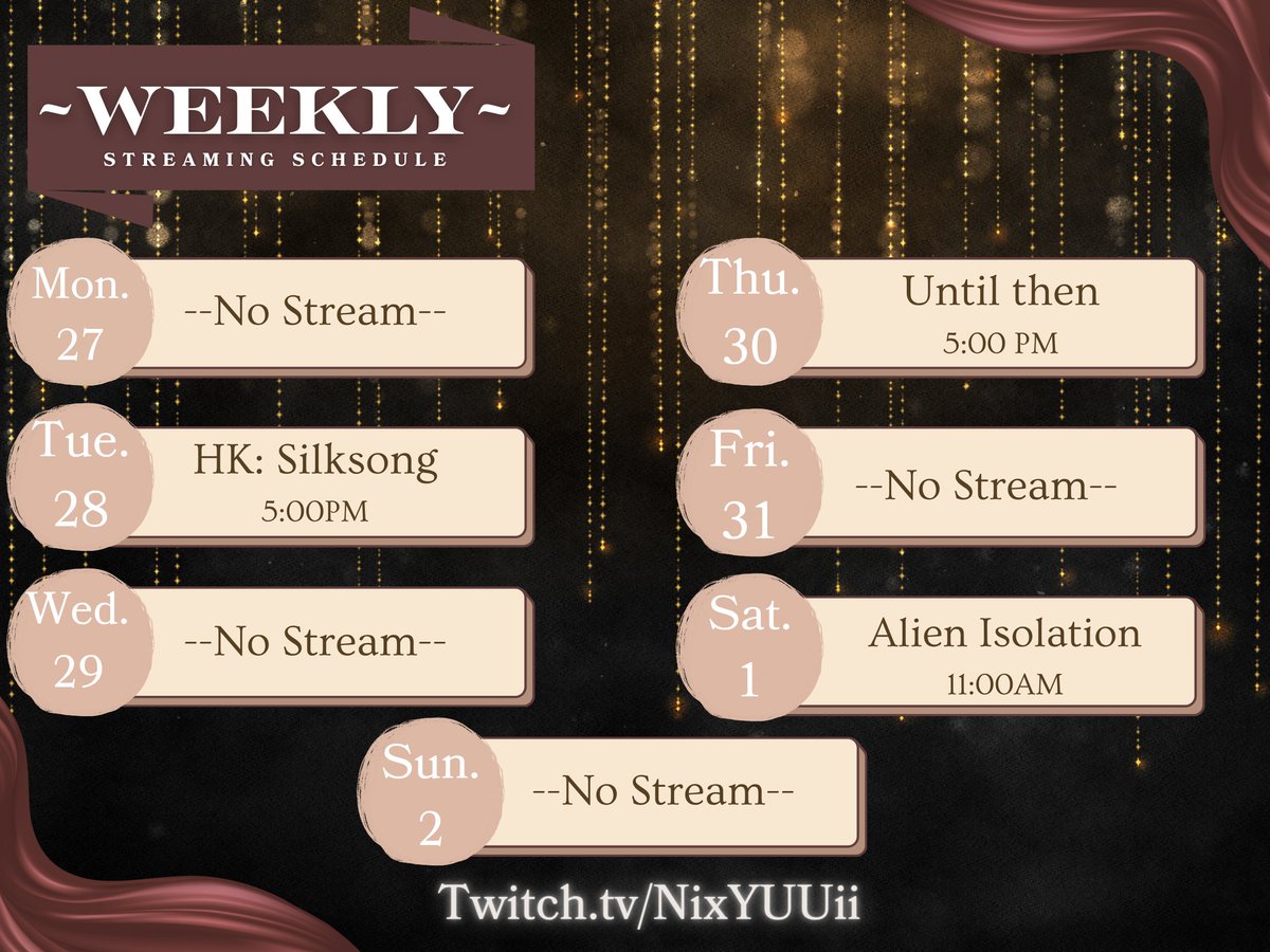 🎭Oct. 27th-Nov. 2nd🎭
ALL TIMES ARE EST 
- Tuesday, Hollow knight: Silksong 5:00 PM
- Thursday, Until Then 5:00 PM
- Saturday, Alien Isolation 11:00 AM

ALSO I just realized I forgot to post the stream announcement for yesterdays stream T^T
HAPPY EARLY HALLOWEEN !!🎃