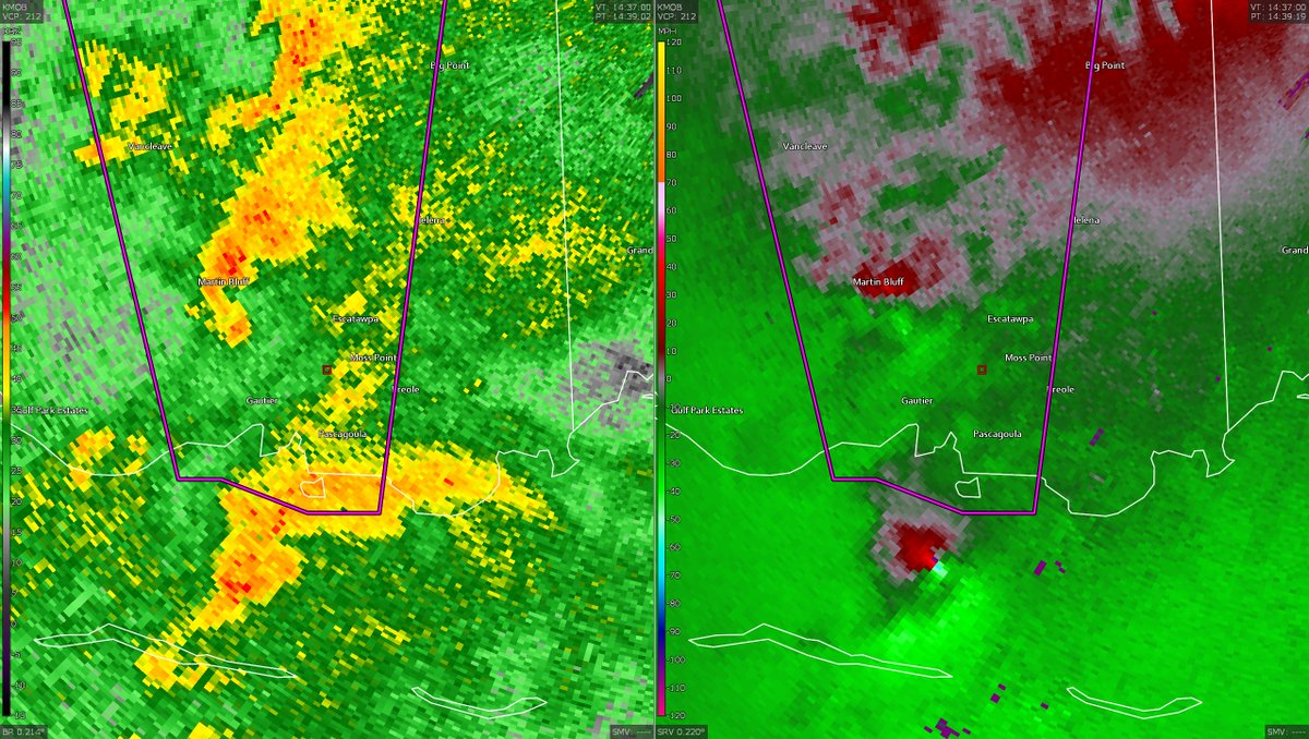 Exceptional pair of supecells here, one offshore producing what is probably a fairly intense tornadic waterspout, as the northern supercell finishes up producing a tornado with quite a strong but tiny couplet (the northern one was producing a debris signature as well)