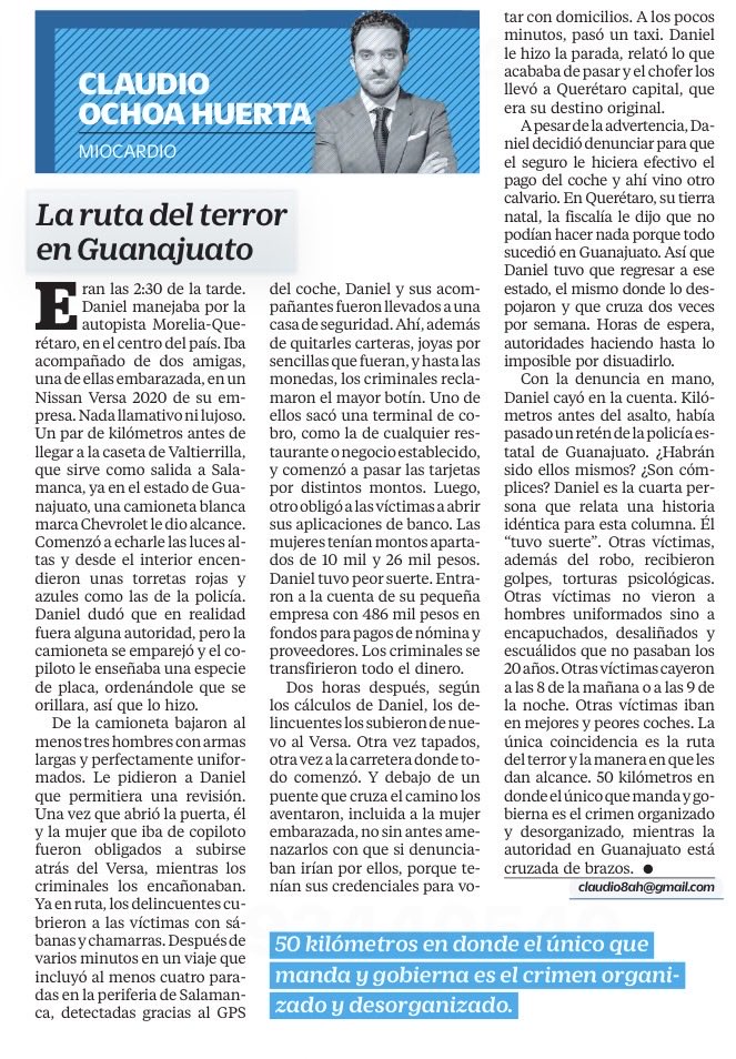 Bere Aguilar (@bereaguilarv) on Twitter photo En Guanajuato, gobernado por el PAN, hay un tramo carretero de 50 kilómetros donde el crimen ya cobra la extorsión y el secuestro hasta con terminal bancaria. 
Lean lo que le sucedió a Daniel, un joven que circulaba en un Versa 2020 a las 2:30 de la tarde.  
<a href="/ClaudioOchoaH/">Claudio Ochoa Huerta</a> En Guanajuato, gobernado por el PAN, hay un tramo carretero de 50 kilómetros donde el crimen ya cobra la extorsión y el secuestro hasta con terminal bancaria. 
Lean lo que le sucedió a Daniel, un joven que circulaba en un Versa 2020 a las 2:30 de la tarde.  
<a href="/ClaudioOchoaH/">Claudio Ochoa Huerta</a>