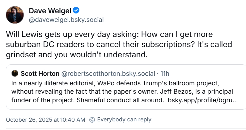 bluevirginia's tweet image. It only takes a couple minutes to cancel your subscription to the Bezos Post. While you're at it, you can always subscribe to The Guardian or whatever instead... bluevirginia.us/2025/10/sunday… h/t @daveweigel