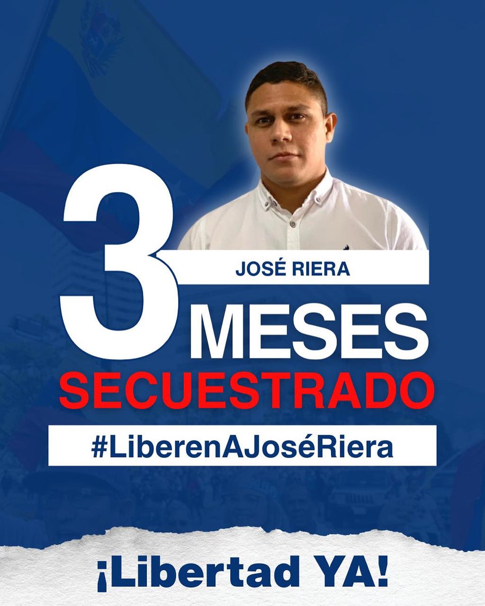 💔🇻🇪 TRES MESES DESAPARECIDO

Hoy se cumplen tres meses desde que José Riera, dirigente nacional de Voluntad Popular y miembro del ENA, fue secuestrado por el régimen y llevado a un destino que aún se nos niega.

Tres meses sin fe de vida. Tres meses de angustia para su familia.