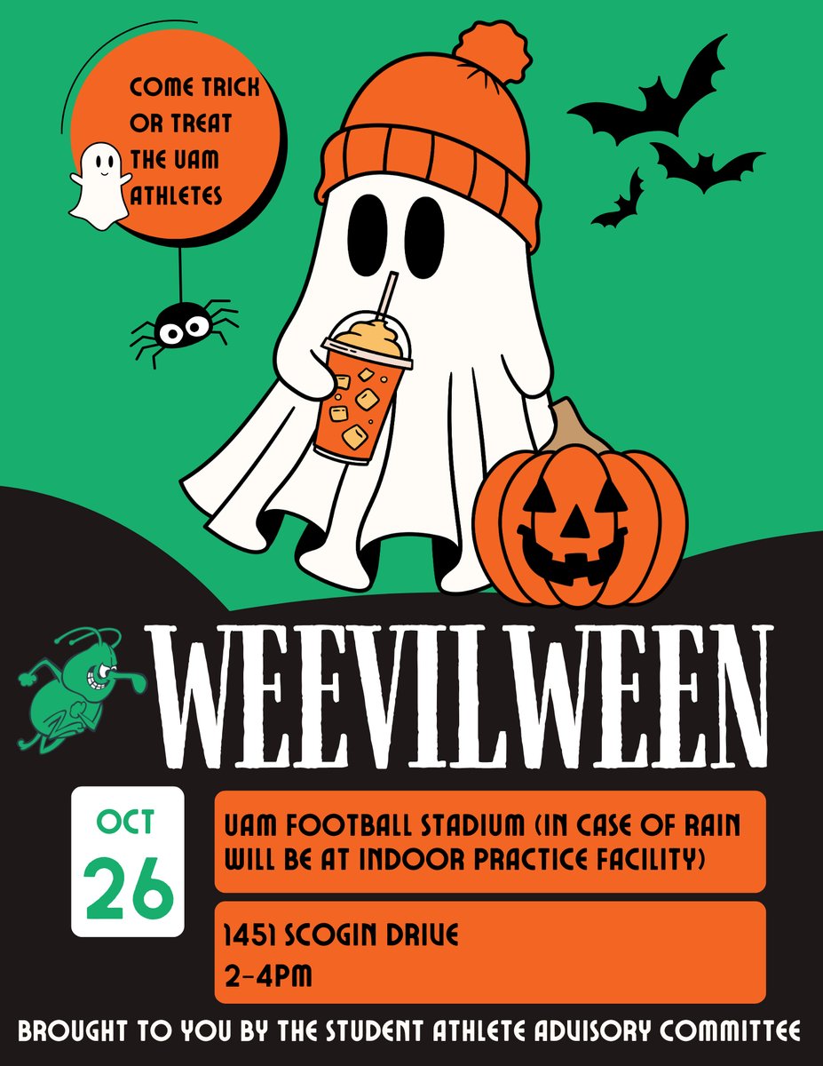 WEEVILWEEN IS BACK! 🎃

Trick-or-treat with UAM student-athletes on Sunday, October 26, at the UAM football stadium from 2-4 p.m.