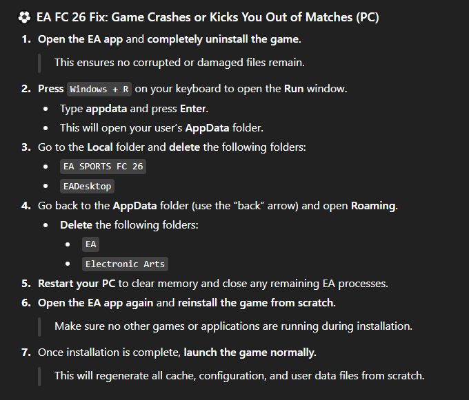✅ Fix EAFC 26 [PC] (EN / ES)

En teoría, haciendo esto ya no debería sacarte de los partidos. Suena a coñazo, pero lo puede hacer hasta una abuela 😅<a href="/EAHelp/">EA Help</a>
