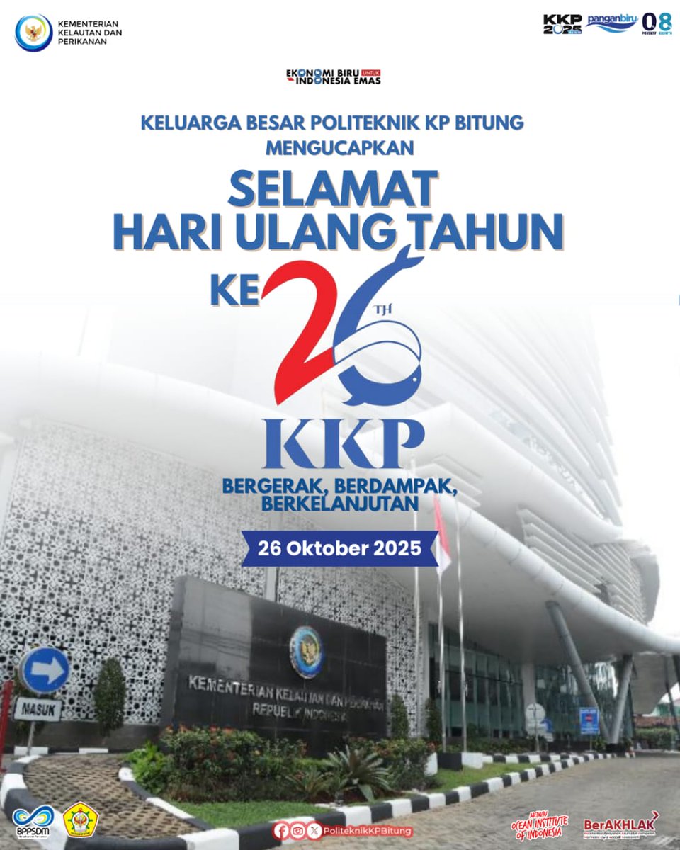 bppsdmpkpbitung's tweet image. Keluarga Besar Politeknik KP Bitung mengucapkan Selamat Hari Ulang Tahun ke-26 Kementerian Kelautan dan Perikanan RI, Berkelanjutan demi mewujudkan Ekonomi Biru Indonesia Emas!

​⚓ Jaya Selalu KKP!