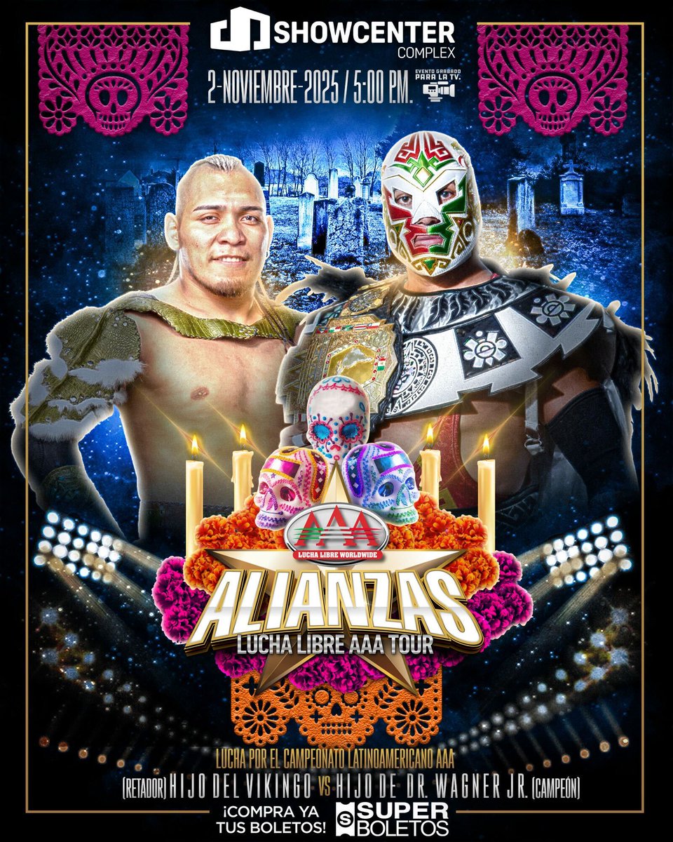 luchalibreaaa's tweet image. Lucha por el Campeonato Latinoamericano AAA: Hijo del Vikingo vs @hijodewagner 

2 de noviembre, Showcenter Complex, Monterrey

Evento Especial #AlianzasAAA 💫 celebrando el Día de Muertos 💀🎃