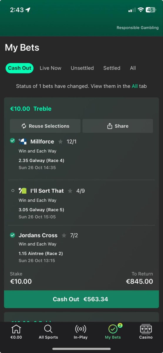 13/2 Millforce (12/1 SP) ✅ 

This member is waiting on the fav in the 3:05 for €845 from a €10 treble 👀 

Would you cash or stick? 

t.me/RacingPulse_bot