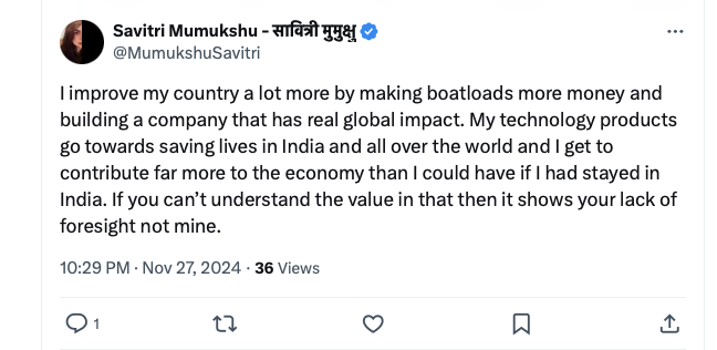 iS0042's tweet photo. I’m fairly certain, based on this tweet, that she is a prominent figure in India–US tech circles. 
What is she worried about then? 
@UnSubtleDesi @swati_gs @PMOIndia https://t.co/6FJRzArCOP
