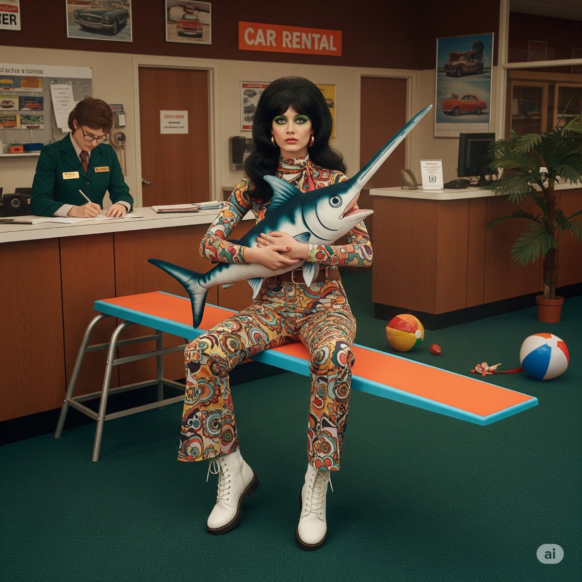 syntaxaegis's tweet image. She clutched the swordfish like a passport—because here, beach balls roll freely and paperwork is sacred.
#couture #fashion #aiartists #photo #digitalart