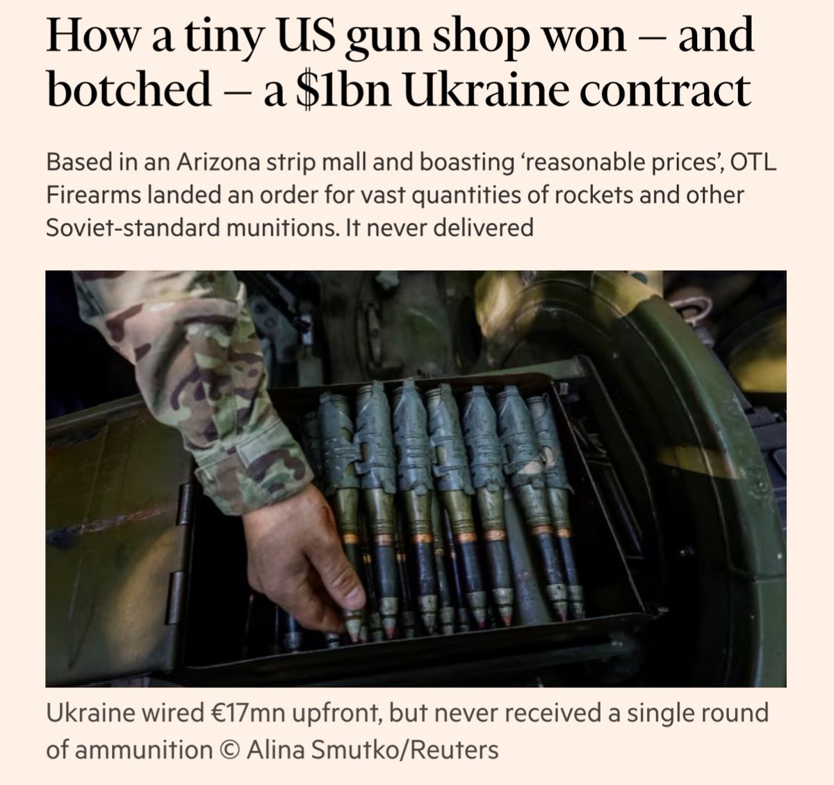 🇺🇸🇺🇦 A modest gun shop on a strip mall in southern Arizona secured an unlikely order in 2022: $1bn of ammunition for Ukraine, - FT

The secret contract came from a Ukrainian arms agency and covered an armoury of rockets and shells so big that on paper it was worth more than