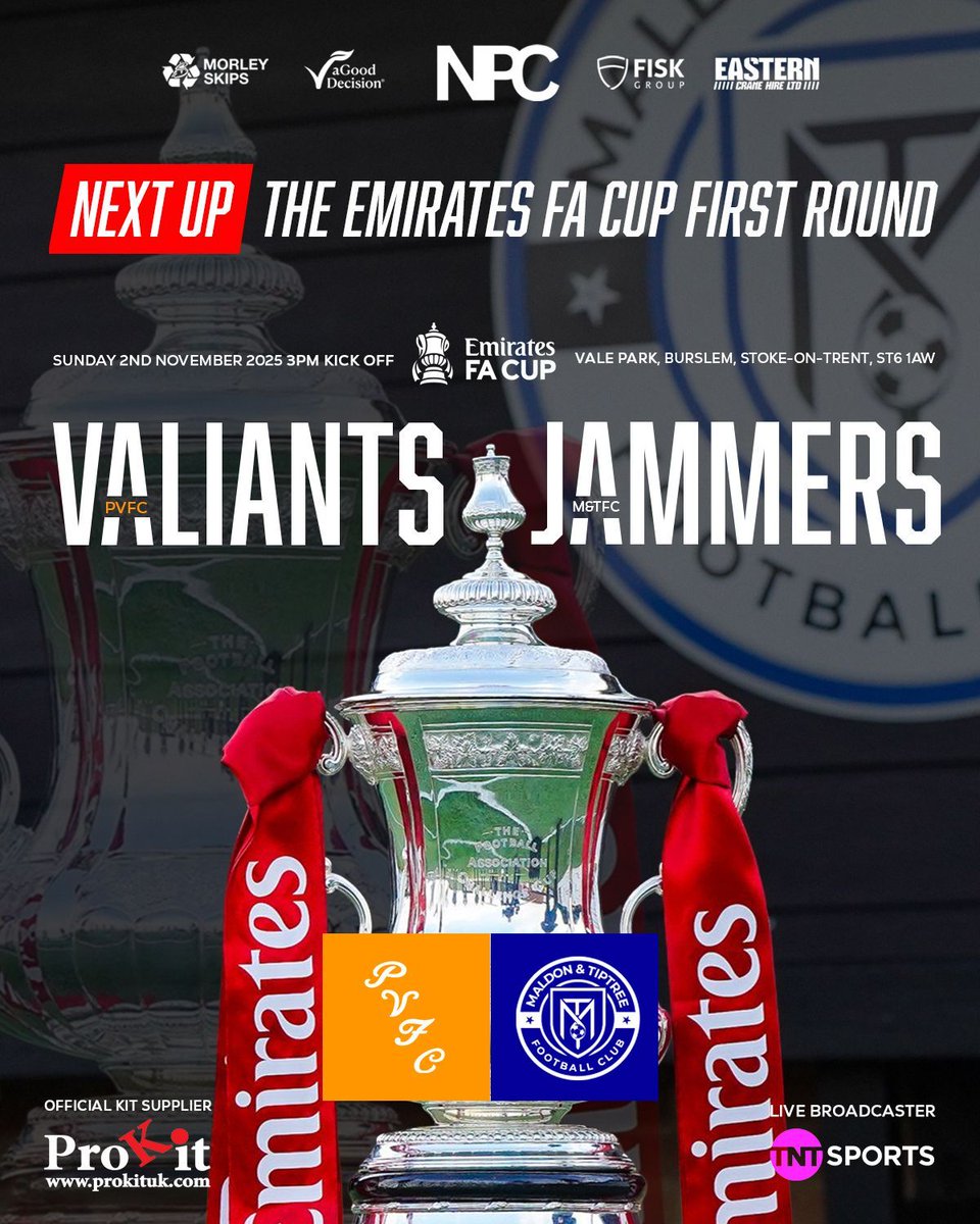 MaldonTiptreeFC's tweet photo. 85 days ago, our Emirates FA Cup journey began. In just 7 days... it continues!

We’ve felt the nerves. The excitement. The magic of the Cup. Now it’s time to feel it all again. 🍓

Your Jammers head to Vale Park to face League One side Port Vale in the First Round Proper of the Emirates FA Cup!

📅 Sun 2nd Nove 2025
🕒 3PM
🏟 Vale Park
📺 Live on TNT
🚌 Coach Travel via JFA

Be loud. Be proud. Keep the faith.

#EmiratesFACup #UpTheJammers