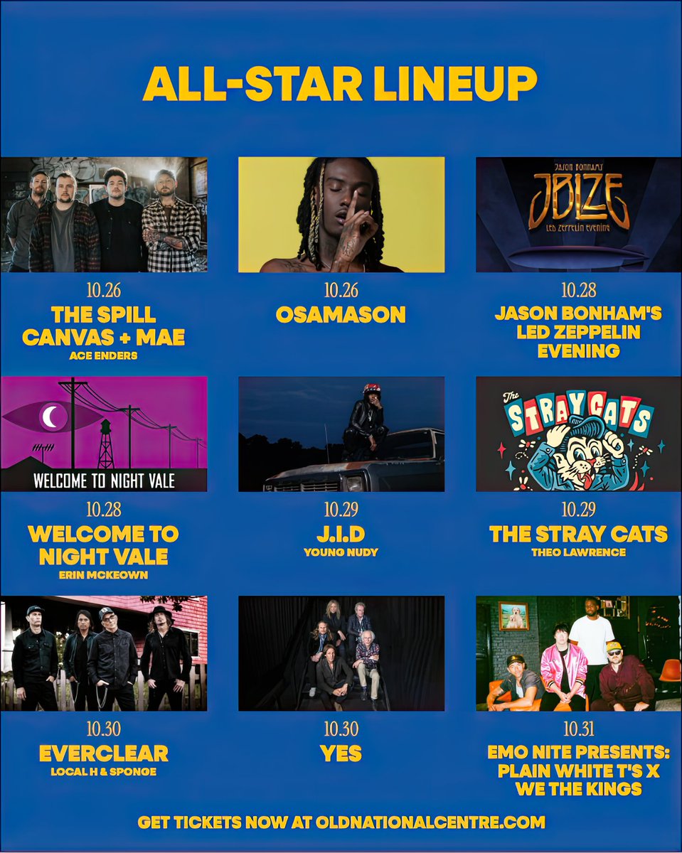 🎃 UPCOMING 👻
🕸️ The Spill Canvas + Mae – 10/26
🕷️ OsamaSon – 10/26
🥁 Jason Bonham’s Led Zeppelin Eve – 10/28
🎃 Welcome To Night Vale – 10/28
👻 J.I.D – 10/29
🌕 The Stray Cats – 10/29
💀 Everclear – 10/30
🧙 YES – 10/30
🦇 Emo Nite – 10/31
🎟️ livemu.sc/3FTEUkY