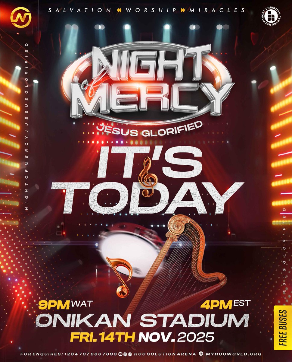 hcchq's tweet photo. The wait is over!

🔥 Tonight’s the Night! 🔥

It’s finally here — Night of Mercy!

Join us at Onikan Stadium for an unforgettable experience of worship, miracles, and God’s overflowing mercy.  

Come and encounter the move of God! 🙌 https://t.co/L09TTFipNd