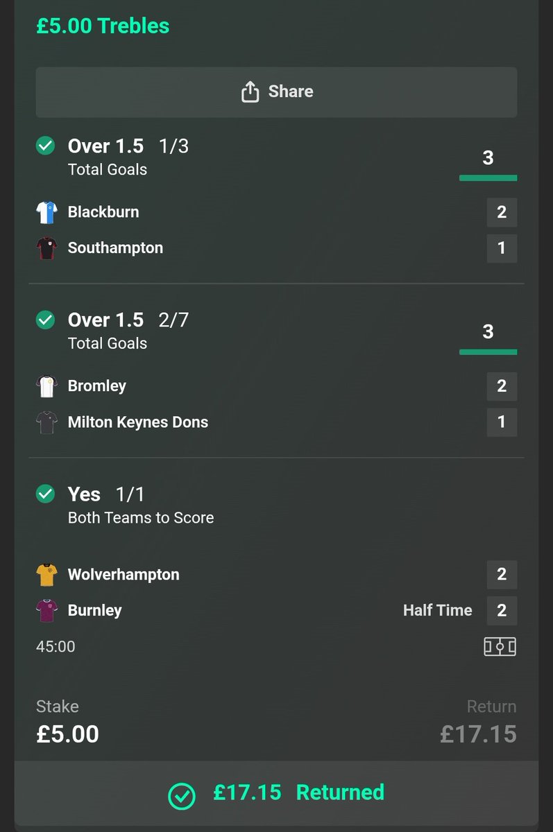 Plenty of goals early in the Wolves Burnley game.  So the #BTTS algorithm treble wins.

#Gambling𝕏 #GamblingTwitter #BettingTips #PremierLeague #EPL #EFL #VanaramaNL