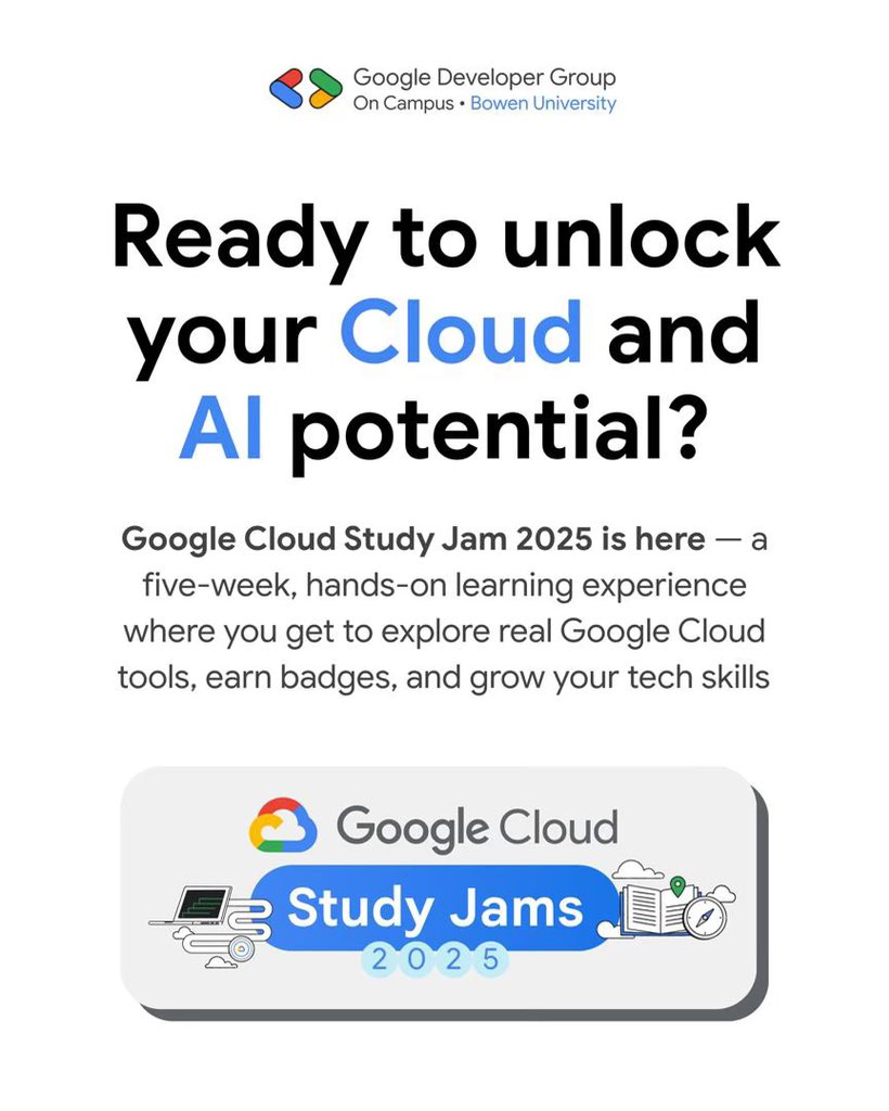 gdgoc_bowen's tweet image. Google Cloud studyJam2025 is not just a program ,it’s an experience.
Hands-on labs. Cool badges. Real impact. 
•Sign up before NOVEMBER 20!
Copy the link in the comment section and paste in your browser or Scan the QR code!!
forms.gle/K25hVSUPf3TK1U…