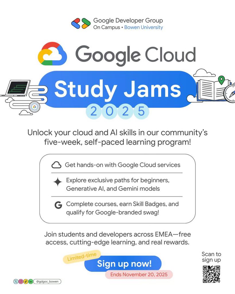 gdgoc_bowen's tweet image. Google Cloud studyJam2025 is not just a program ,it’s an experience.
Hands-on labs. Cool badges. Real impact. 
•Sign up before NOVEMBER 20!
Copy the link in the comment section and paste in your browser or Scan the QR code!!
forms.gle/K25hVSUPf3TK1U…
