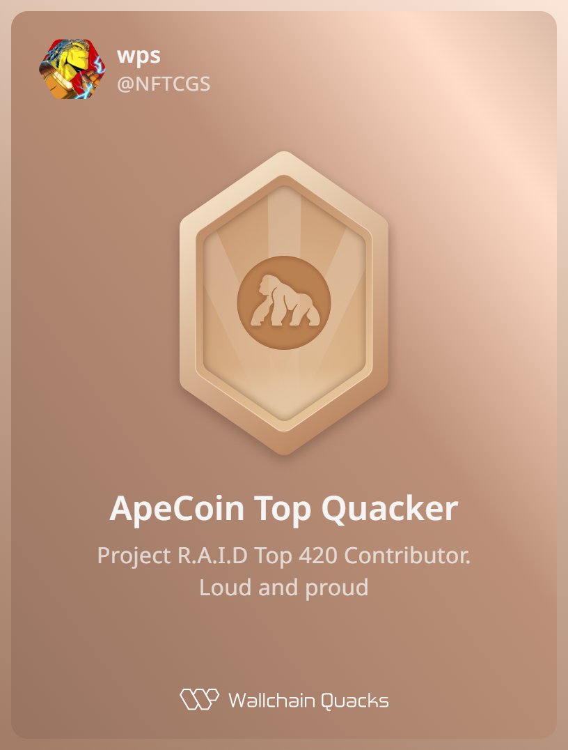 Just unlocked the ApeCoin Top Quacker on <a href="/wallchain/">Wallchain Quacks</a> 🏆

How cool is that?

Feels great to have my contributions recognized.

How’s Wallchain Quacks been treating you so far?

Not on board yet? Drop a comment for an invite 👇🦆