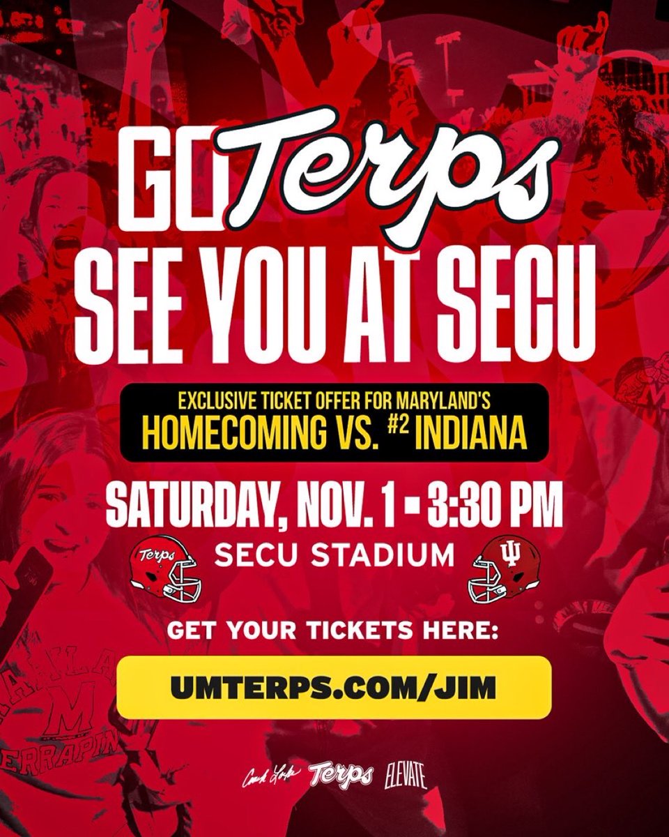 TerpsADJimSmith's tweet photo. Tickets for Saturdayโs @TerpsFootball Homecoming Game vs #2 Indiana are going fast! Get them while you can! Check out this exclusive special at https://t.co/r0ruiJlYmF https://t.co/fAqZ3BLudA