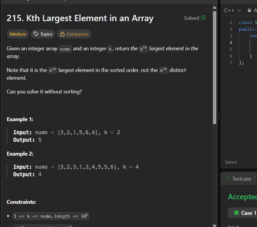VishwanshK's tweet image. Day 68 of 100 Days of Code: 
LeetCode: Kth Largest Element in an Array
#LearnInPublic #100DaysOfCode #LeetCode #DSA #LeetCodeDaily