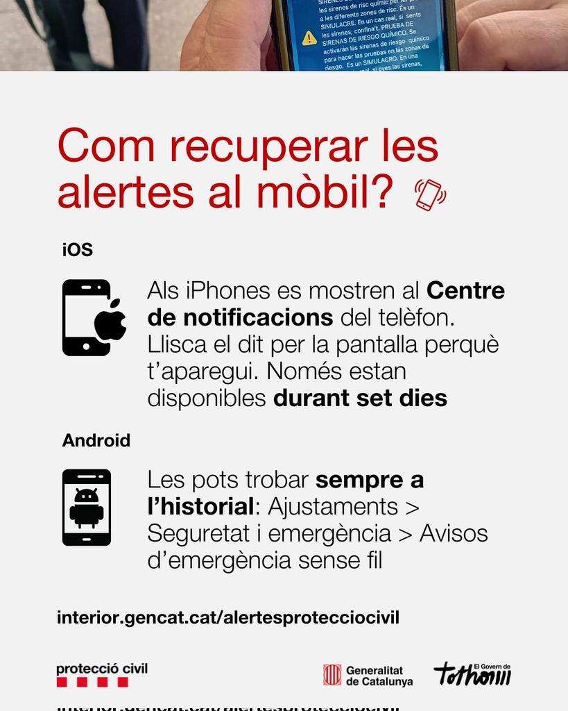 📲 Recorda que si has tancat el missatge d'alerta als telèfons mòbils el pots recuperar de la següent manera:

- Iphone: centre de notificacions

- Android: ajustaments seguretat i emergència  x.com/emergenciescat…